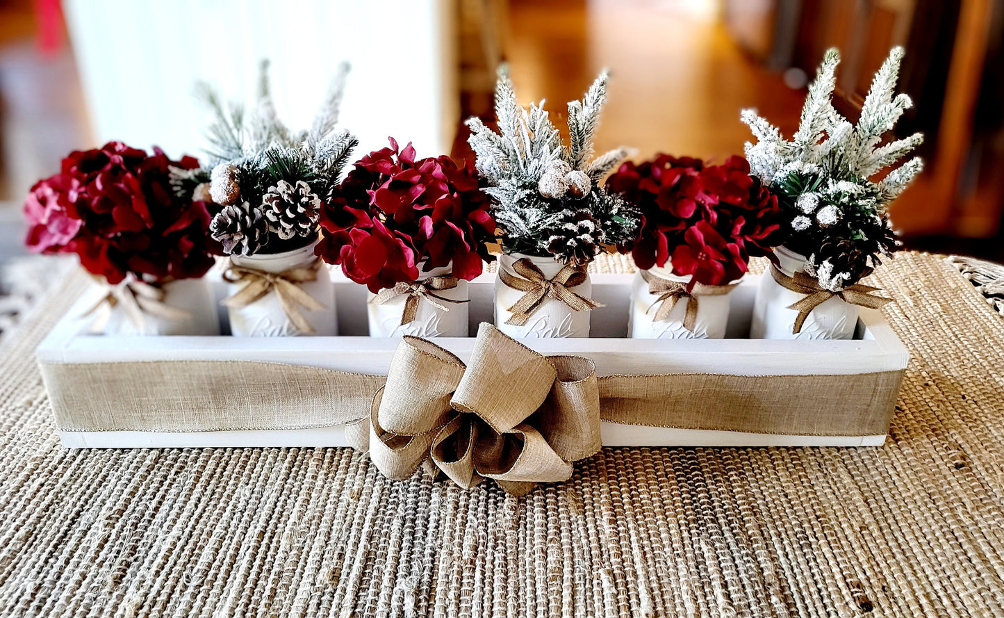 Winter Floral Arrangement Long Wood Box Dining Table Winter Arrangement Mason Jar Holiday Centerpiece Elegant Floral arrangement Mason Jar