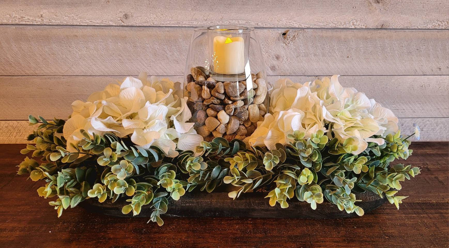 Farmhouse Table Centerpiece – Black Dough Bowl with Hydrangea and Candle Arrangement