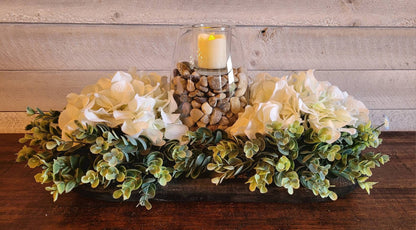 Farmhouse Table Centerpiece – Black Dough Bowl with Hydrangea and Candle Arrangement