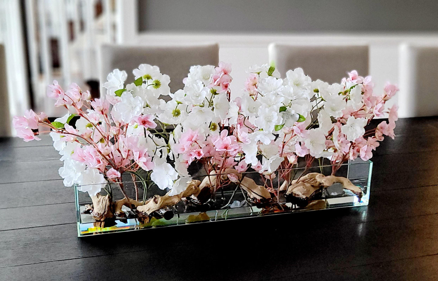 Faux Cherry Blossom Display Farmhouse Table Centerpiece Modern Glass Vase Arrangement Artificial Flower Collection Maintenance Free Decoration Contemporary Home Accent Realistic Floral Design Spring Inspired Styling White Pink Blossoms