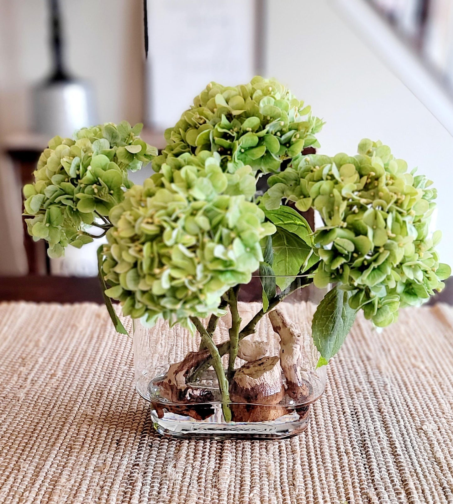 Faux Hydrangea Arrangement – Realistic Silk Flower in Glass Vase for French Country Farmhouse