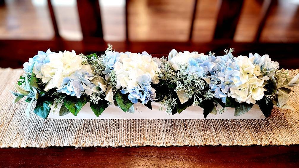 Blue Hydrangea Centerpiece – Long Wood Box Rustic Farmhouse Table Display