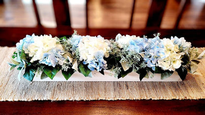 Blue Hydrangea Centerpiece – Long Wood Box Rustic Farmhouse Table Display