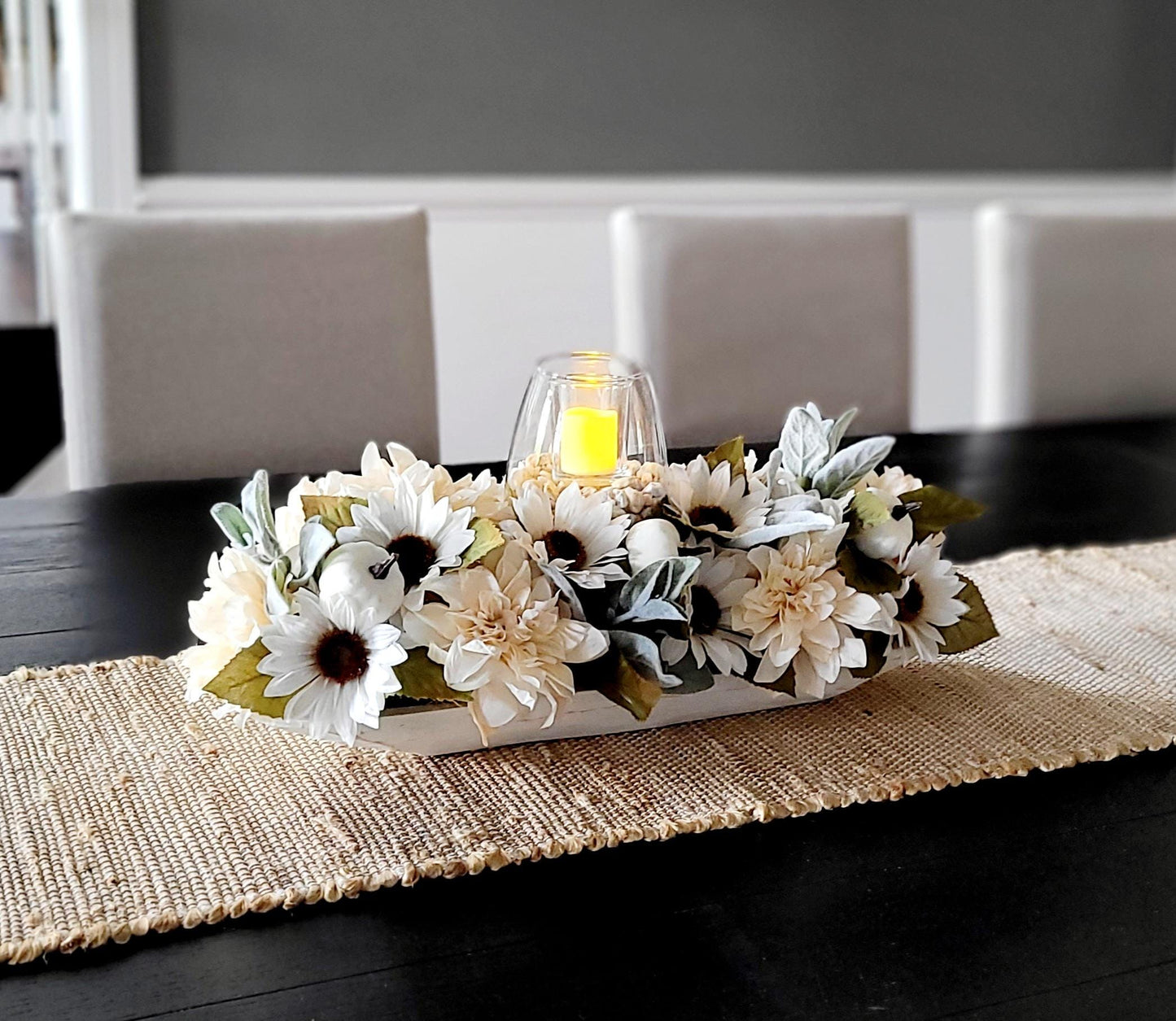 Fall dining table arrangement fall dough bowl arrangement kitchen decor fall farmhouse arrangement candle fall decor fall sunflower decor