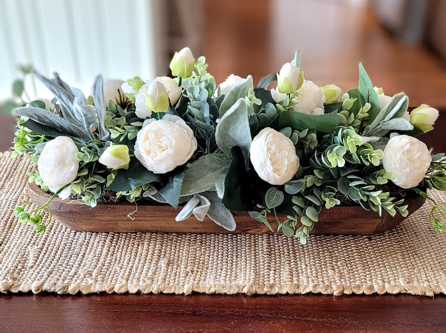 Dough Bowl Farmhouse Arrangement Dining Table Peony Arrangement Hand-Carved Dough Bowl Table Arrangement Dough Bowl Centerpiece Peony Flower
