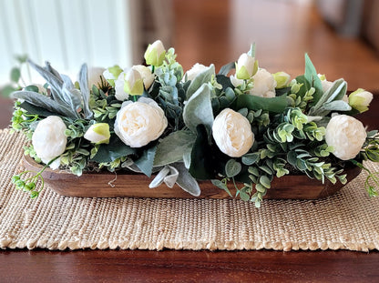 Dough Bowl Farmhouse Arrangement Dining Table Peony Arrangement Hand-Carved Dough Bowl Table Arrangement Dough Bowl Centerpiece Peony Flower