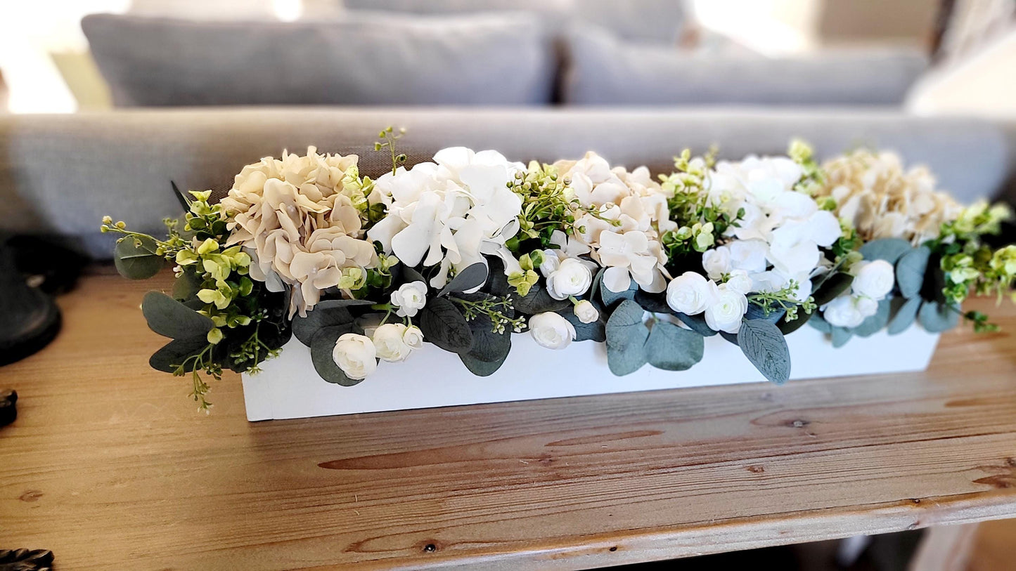 Farmhouse Table Centerpiece – Silk Hydrangea Arrangement in Wooden Box