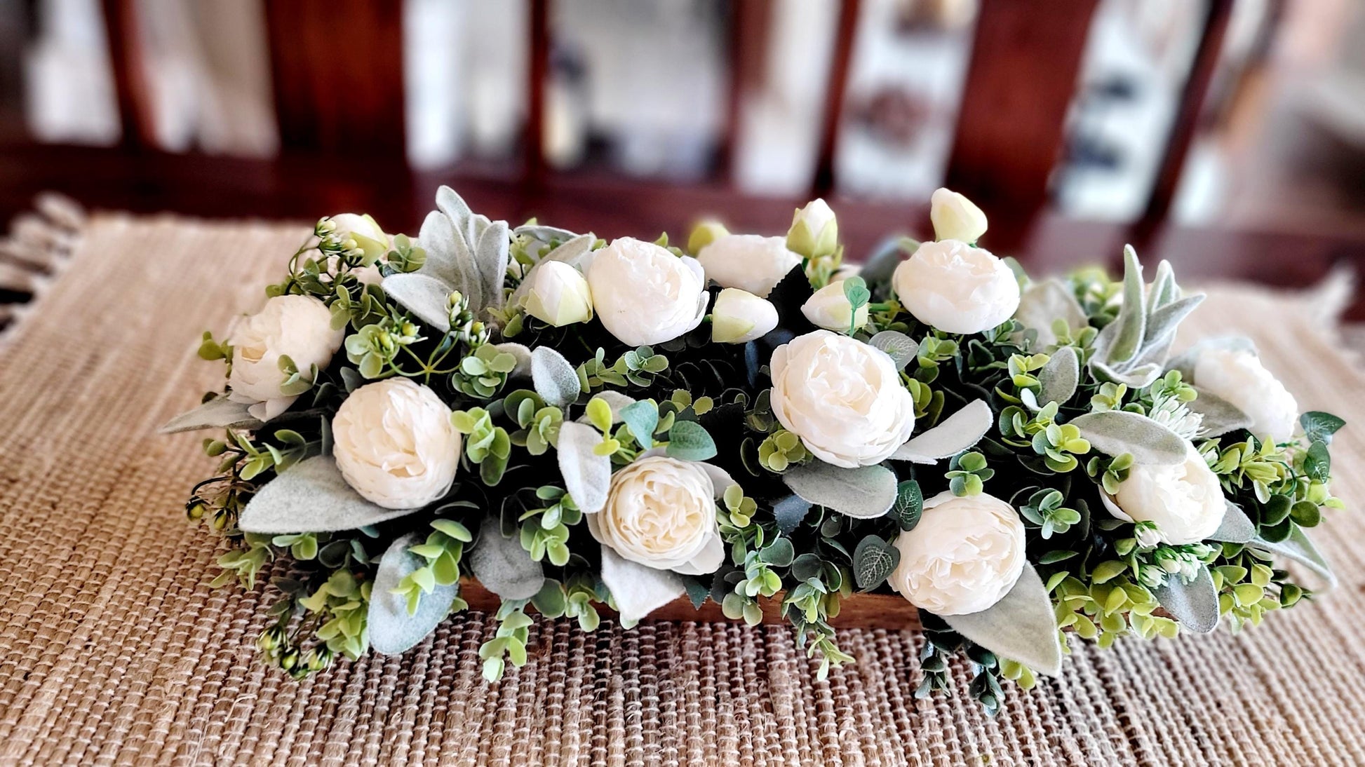 Wooden Dough Bowl Floral Arrangement Farmhouse Table Centerpiece Artificial Flowers Display Silk Peonies Lambs Ear Greenery Hand Carved Wood Container Custom Color Design Rustic Home Decor Elegant Dining Table Accent Maintenance Free