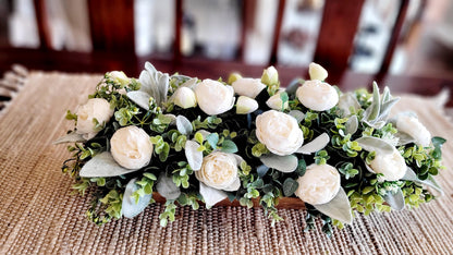 Wooden Dough Bowl Floral Arrangement Farmhouse Table Centerpiece Artificial Flowers Display Silk Peonies Lambs Ear Greenery Hand Carved Wood Container Custom Color Design Rustic Home Decor Elegant Dining Table Accent Maintenance Free