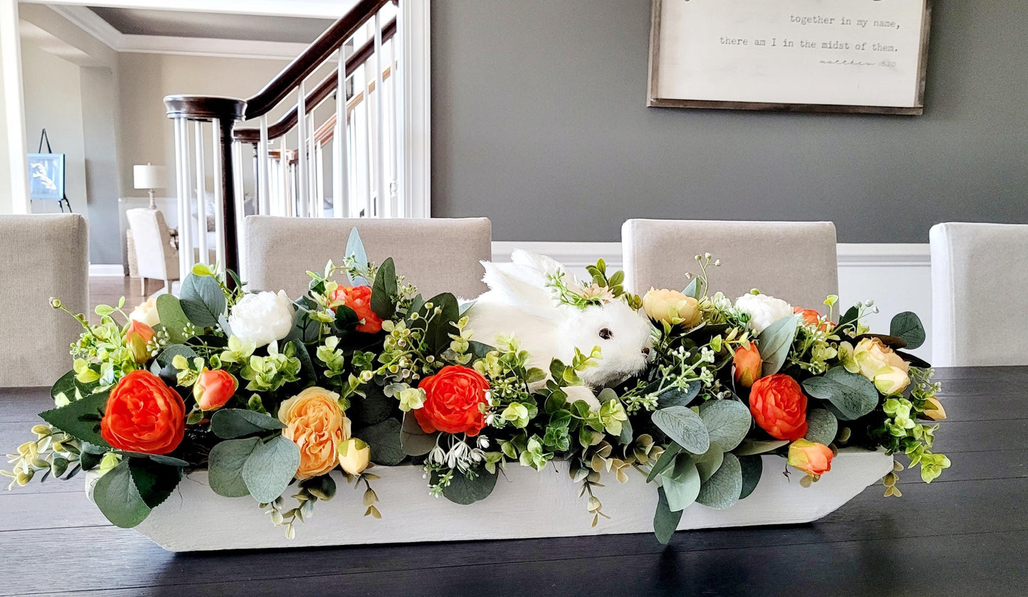 Easter Table Centerpiece – Silk Flower Bunny Arrangement in 27" Wooden Box