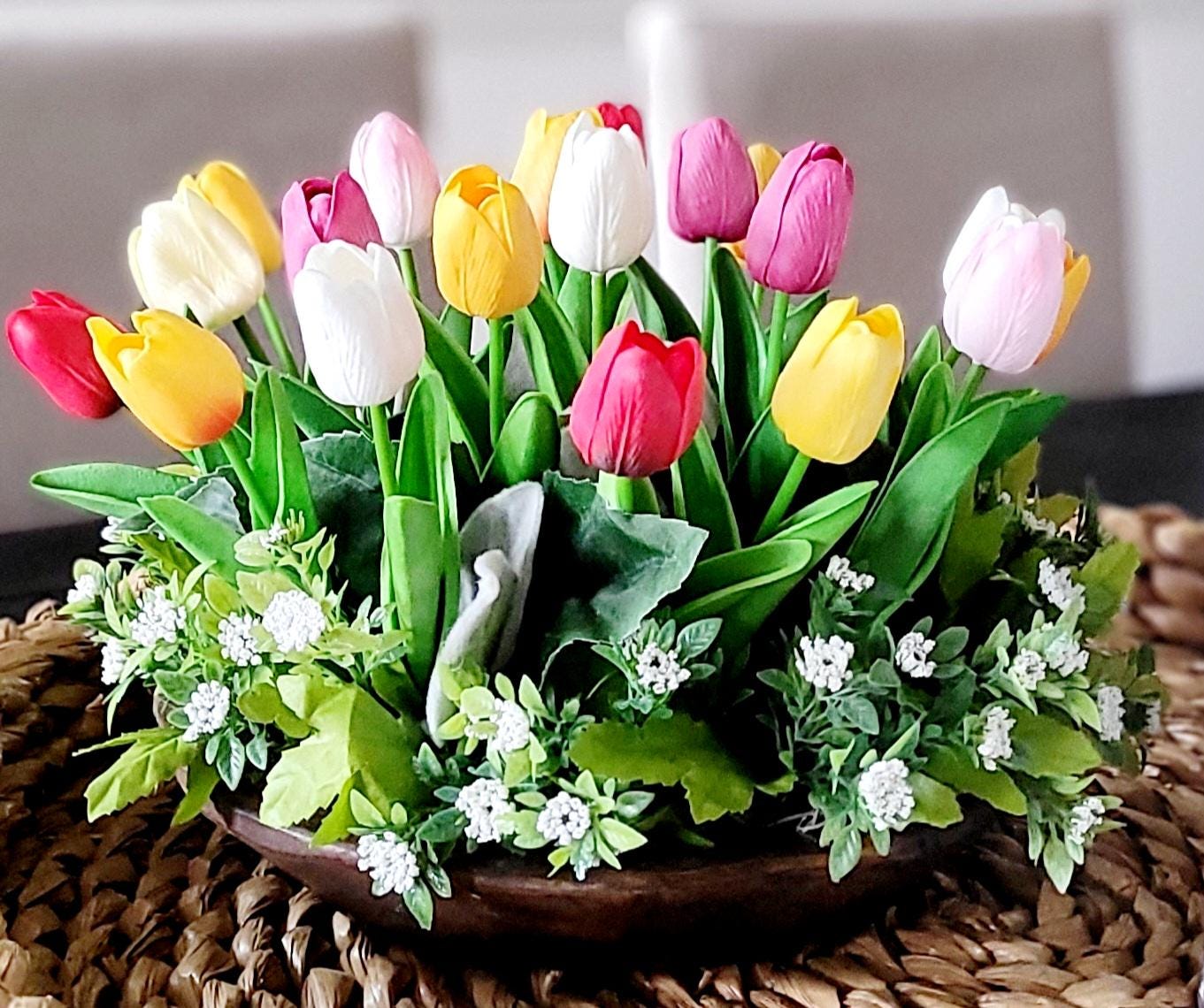 Spring Tulip Centerpiece Yellow Flower Arrangement Lifelike Silk Blooms Rustic Wooden Bowl Design Farmhouse Table Decor Year Round Home Styling Realistic Floral Display Beautiful Dining Table Accent Versatile Decorative Piece Elegant Home