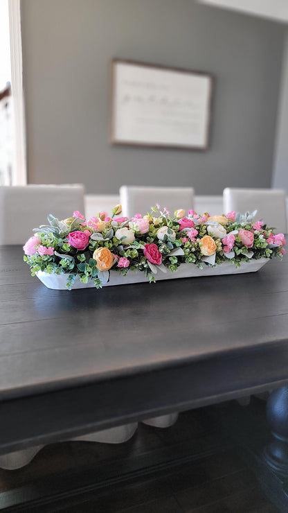 Dough Bowl Long Dining Table Arrangement Narrow Mantle Decor Peony Dough Bowl Farmhouse Arrangement Kitchen Table Decor Large Island Decor