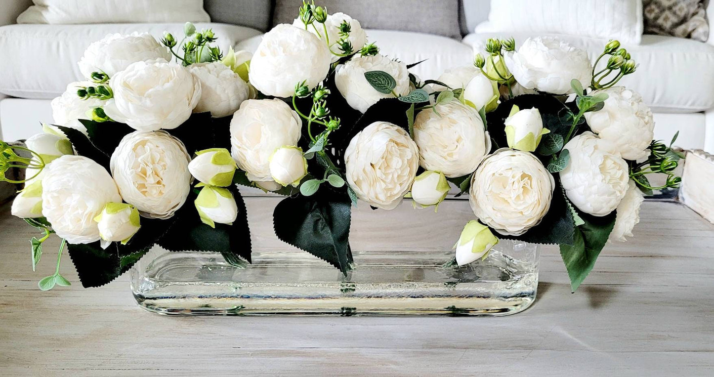 Modern Floral Arrangement Faux Peony Centerpiece Silk Flowers Glass Vase Modern Dining Table Centerpiece French Decor Bridal Decor Long Vase