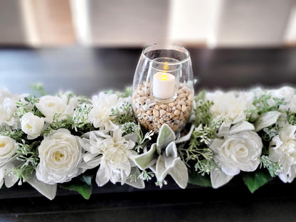 Farmhouse style long 25” Spring table arrangement in wood planter box candle centerpiece in wood box mantle centerpiece wood planter box