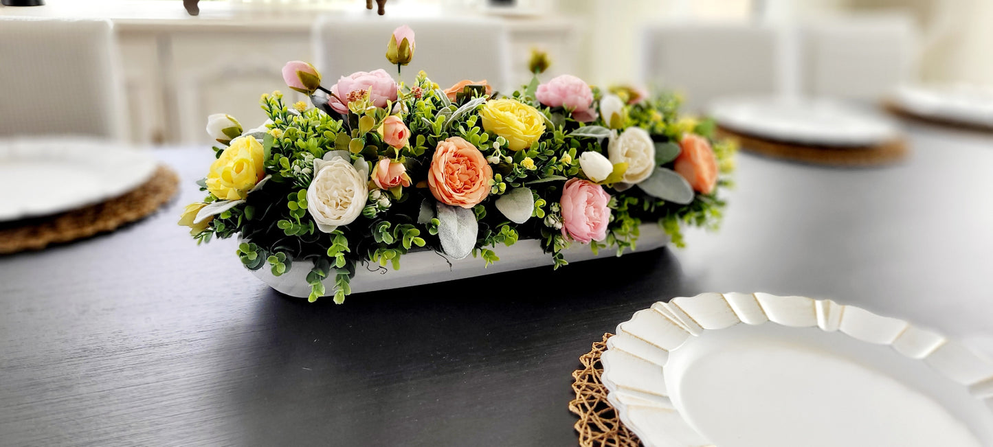 Peach Flower Centerpiece – Silk Arrangement in Rustic Dough Bowl