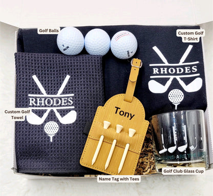 Fathers Day Gift Golf Shirt for Men Gift Box Dad Golf Gifts for Men Towel Golf Custom Name Shirt Men Golf Bag Tag Personalized Name Tee Golf