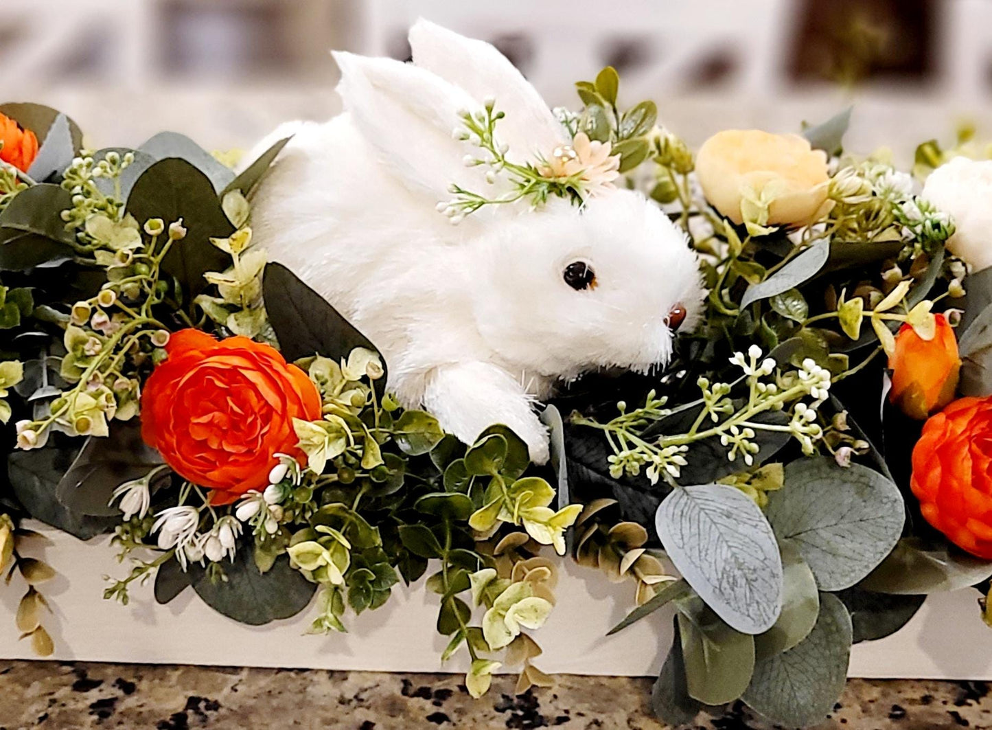Bunny Arrangement Centerpiece Easter Table Decoration Silk Flower Display Spring Home Accent Wooden Box Collection Artificial Floral Design Holiday Table Setting Seasonal Decor Piece Farmhouse Style Element Spring Celebration Decoration