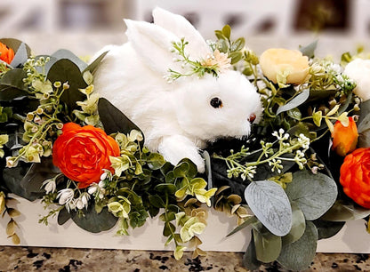 Bunny Arrangement Centerpiece Easter Table Decoration Silk Flower Display Spring Home Accent Wooden Box Collection Artificial Floral Design Holiday Table Setting Seasonal Decor Piece Farmhouse Style Element Spring Celebration Decoration