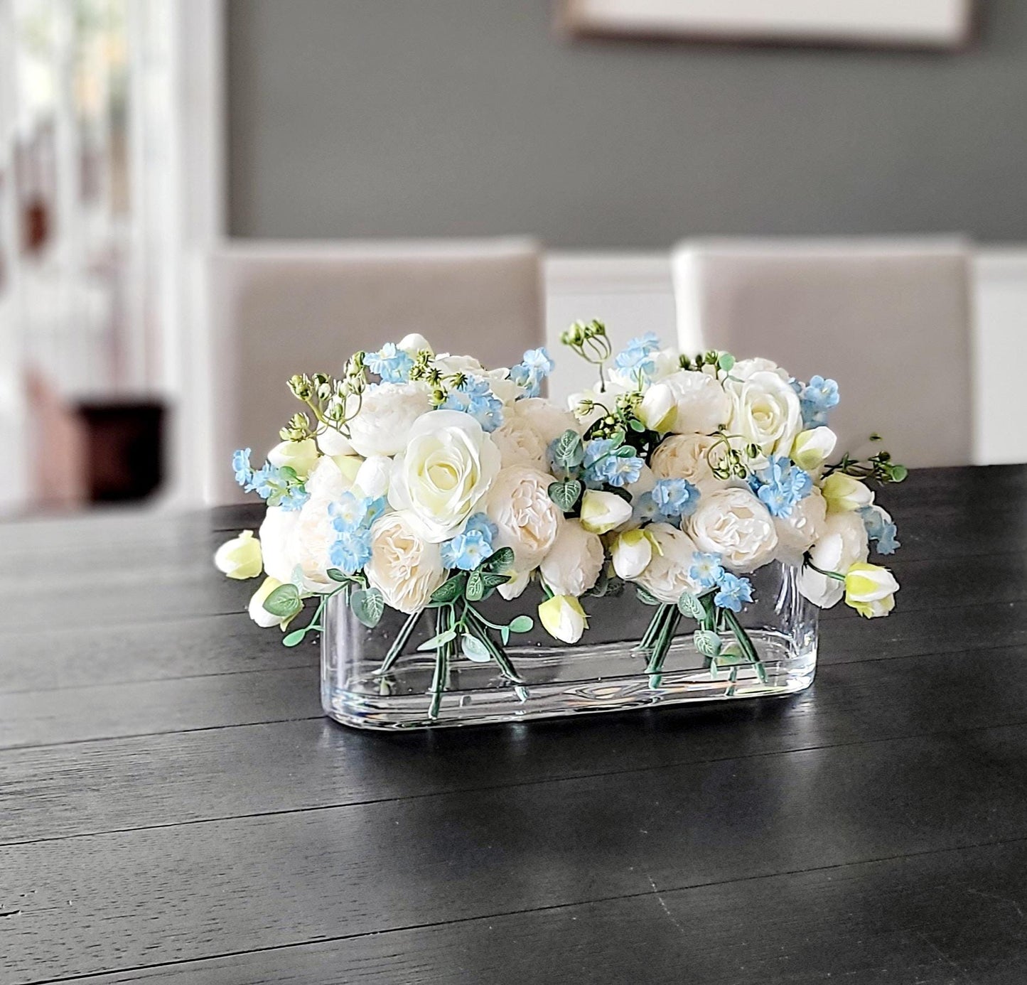 Glass Vase Flower Arrangement Blue Rose Peony Centerpiece Modern Silk Floral Display Dining Table Living Room Styling Artificial Flower Collection Ivory Blooms Elegant Contemporary Design Faux Water Realistic Appearance Kitchen Island