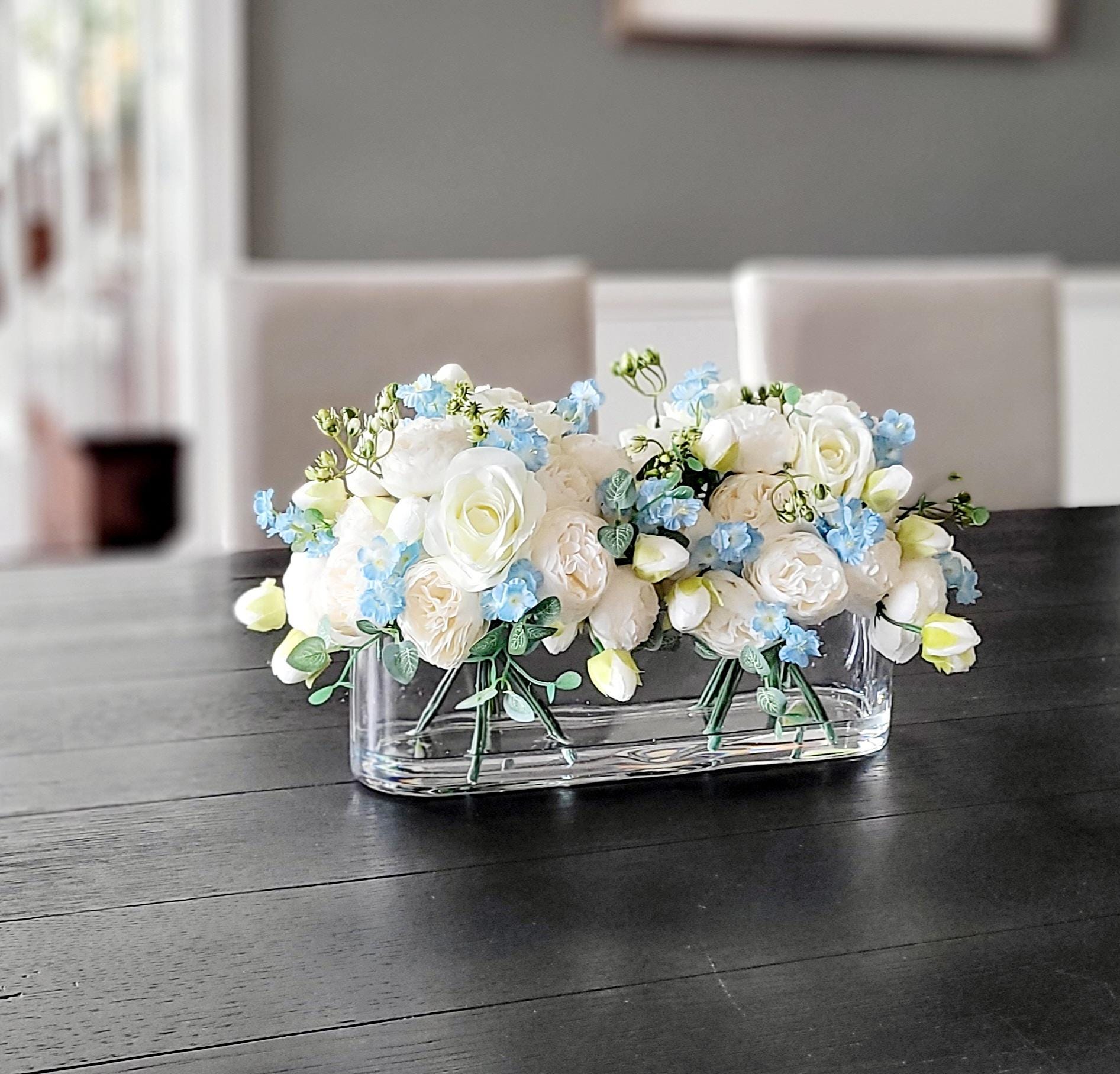 Glass Vase Flower Arrangement Blue Rose Peony Centerpiece Modern Silk Floral Display Dining Table Living Room Styling Artificial Flower Collection Ivory Blooms Elegant Contemporary Design Faux Water Realistic Appearance Kitchen Island