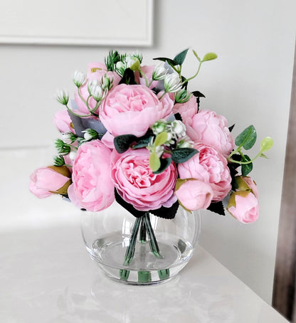 Silk Peony Arrangement – Glass Vase Realistic Spring Centerpiece