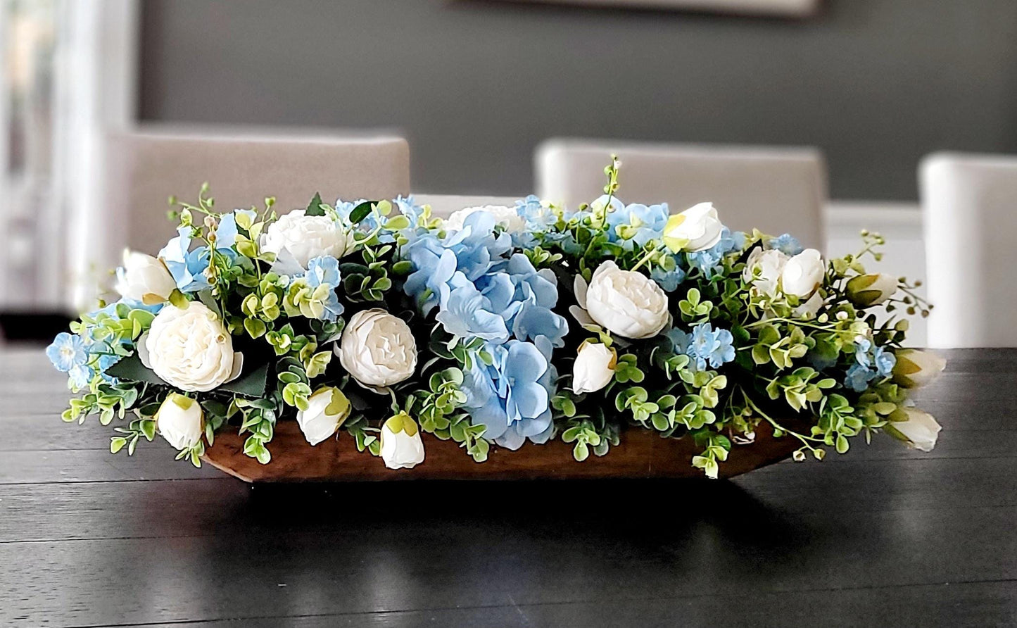 Blue Flower Centerpiece – Silk Hydrangea and Peony Arrangement in Rustic Dough Bowl