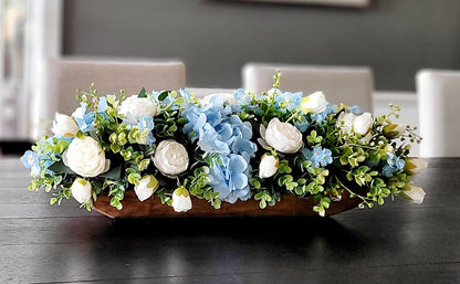 Blue Flower Centerpiece – Silk Hydrangea and Peony Arrangement in Rustic Dough Bowl