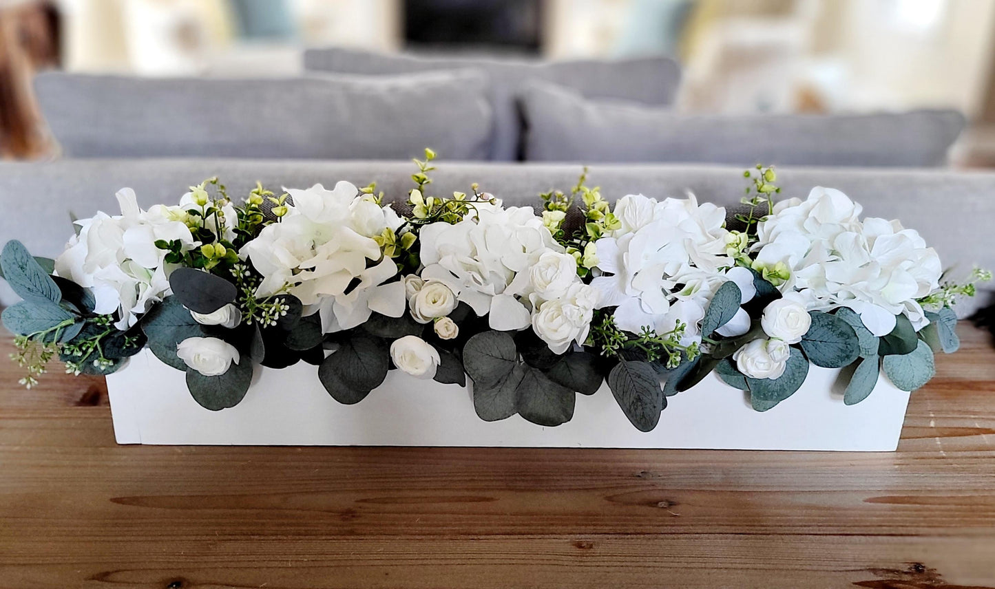 Artificial Flower Arrangement Farmhouse Table Centerpiece White Hydrangea Design Wooden Box Container Rustic Home Decor Dining Table Accent Perfect Kitchen Display Piece Elegant Mantle Decoration Realistic Silk Flowers Premium Quality