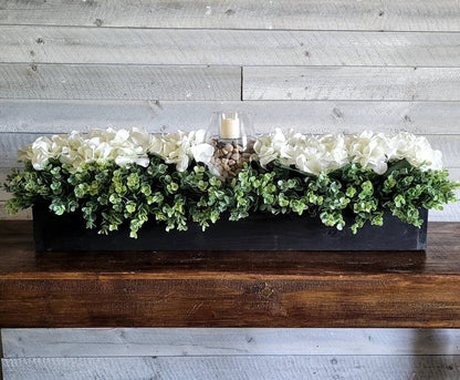 Hydrangea Wood Box Centerpiece For Dining Table Centerpiece For Dining Table Flower Arrangement Mantel Centerpiece Flowers Hydrangea Flower