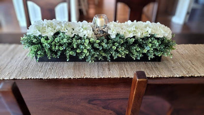 Hydrangea Wood Box Centerpiece For Dining Table Centerpiece For Dining Table Flower Arrangement Mantel Centerpiece Flowers Hydrangea Flower