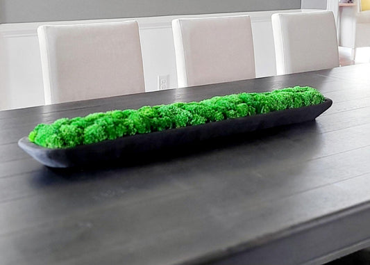 Farmhouse Table Centerpiece Rustic Dough Bowl Arrangement Faux Hydrangeas Preserved Moss Artificial Greenery Natural Elements Dining Room Display Modern Country Style Home Accent Piece Realistic Floral Design Long Table Decoration Wooden