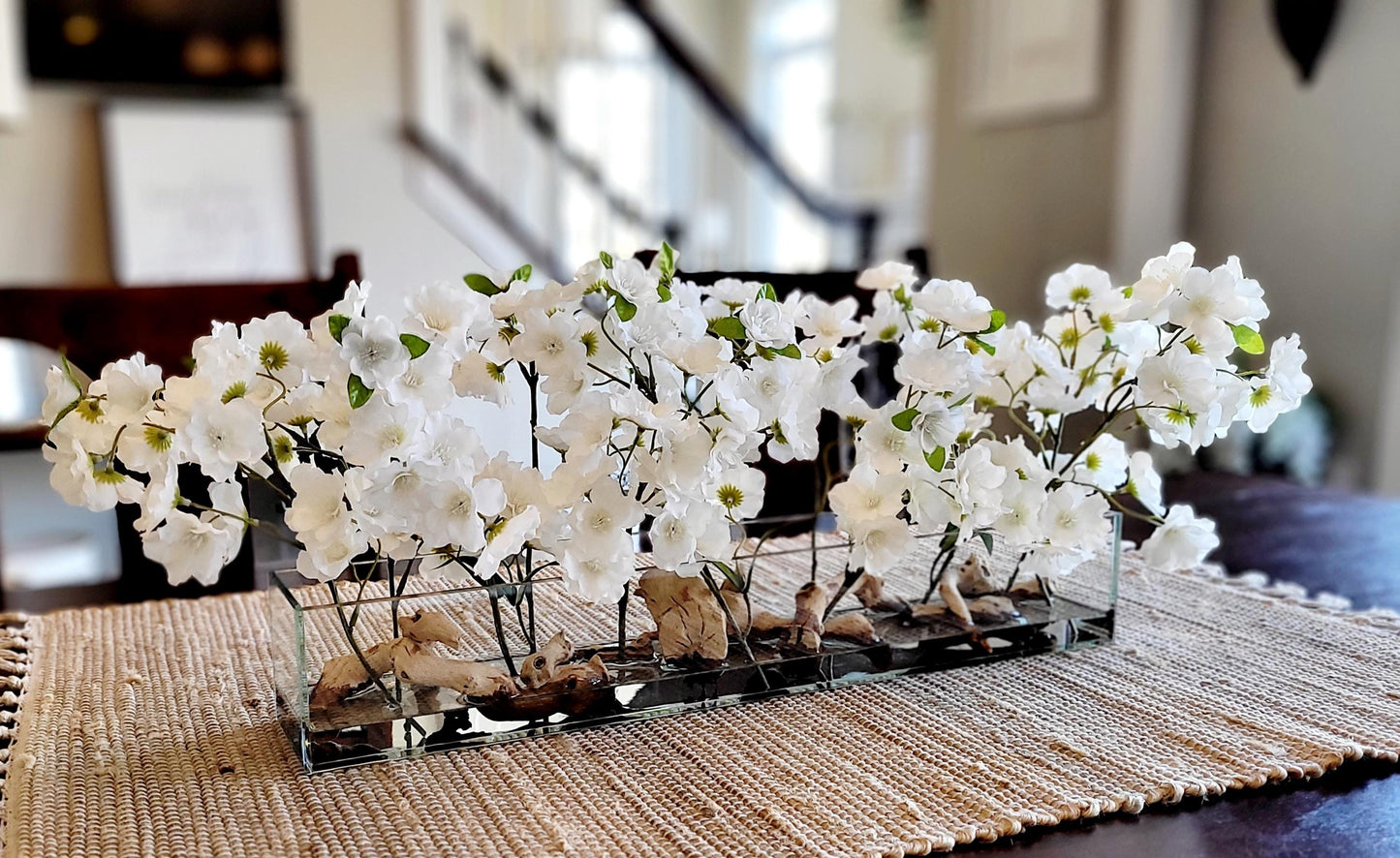 Cherry Blossom Arrangement dining table centerpiece elegant arrangement modern farmhouse decor artificial water arrangement long glass vase