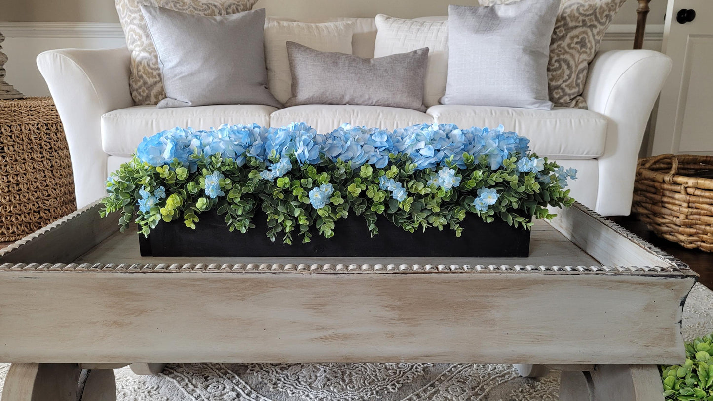 Blue Hydrangea Farmhouse Arrangement Large Dining Room Table Decor Faux Hydrangea Box Arrangement Greenery Arrangement Country Table Decor
