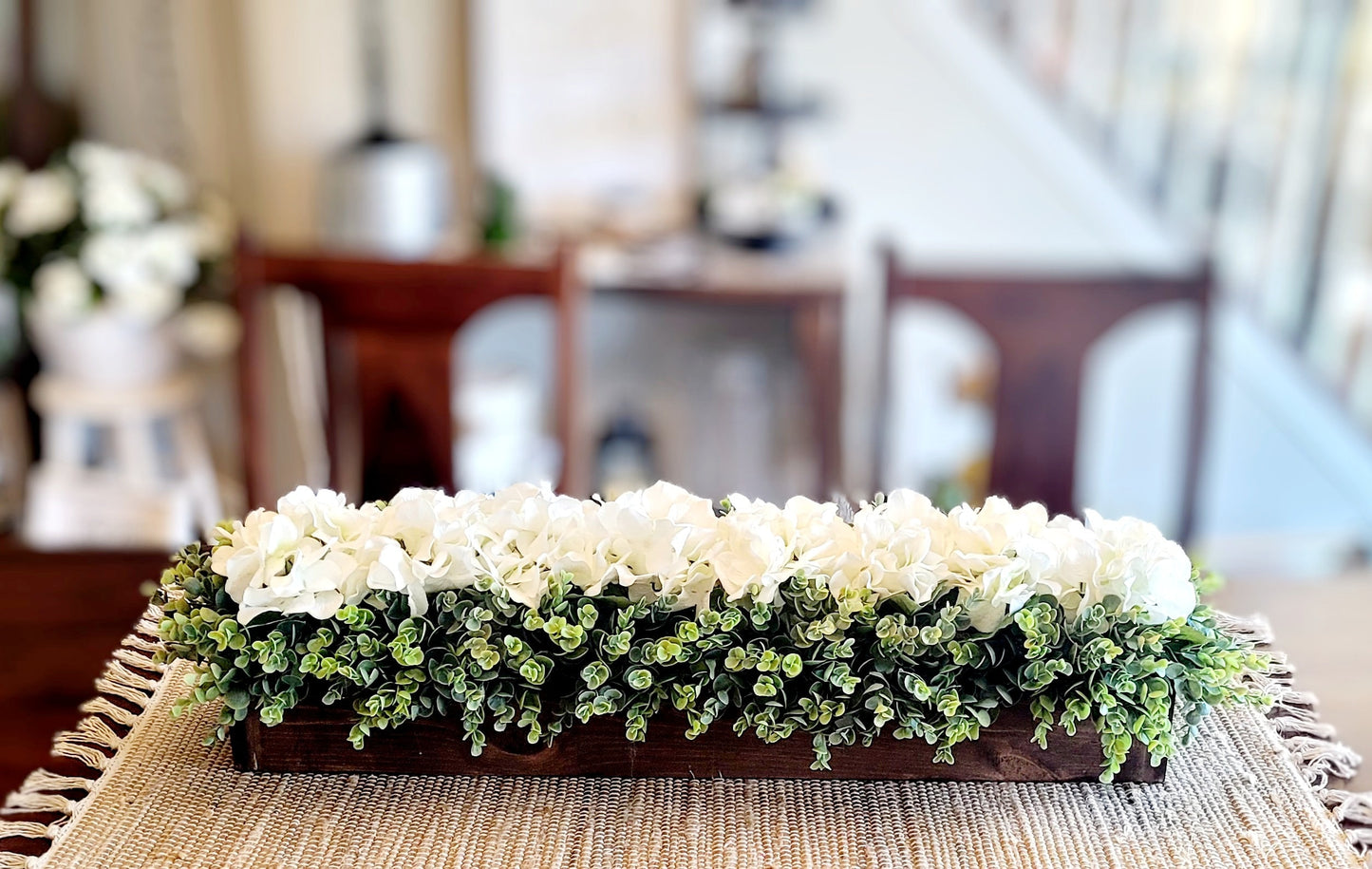 Wooden Box Centerpiece Hydrangea Arrangement Wedding Table Decor Neutral Color Palette Farmhouse Style Display White Cream Flowers Greenery Accent Special Occasion Decoration Handmade Floral Design Long Table Centerpiece Reception Decor
