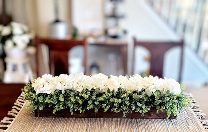 Wooden Box Centerpiece Hydrangea Arrangement Wedding Table Decor Neutral Color Palette Farmhouse Style Display White Cream Flowers Greenery Accent Special Occasion Decoration Handmade Floral Design Long Table Centerpiece Reception Decor