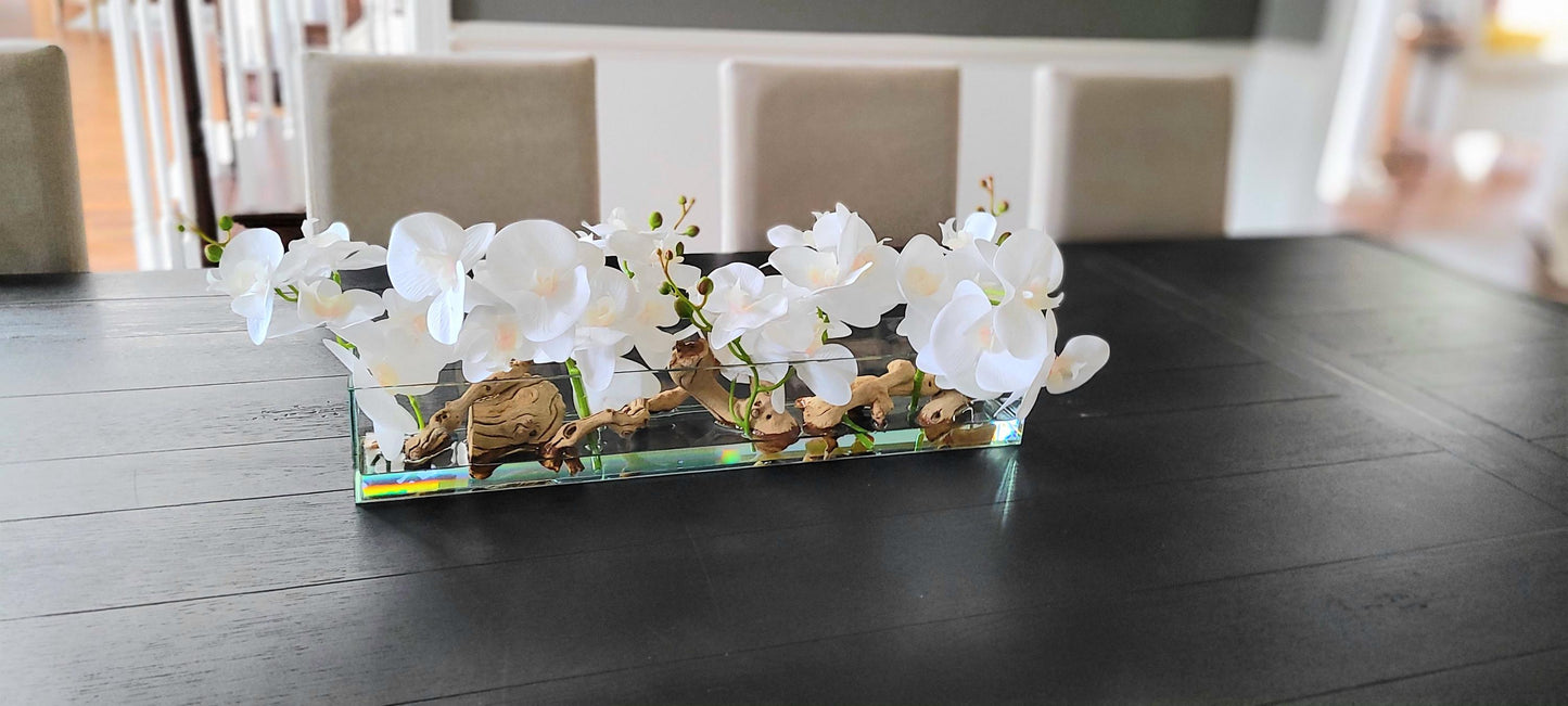 Orchid Centerpiece – Maintenancefree Silk Flowers in Elegant Glass Vase with Driftwood