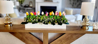Farmhouse Tulip Centerpiece – Realistic Spring Flowers in Wooden Box