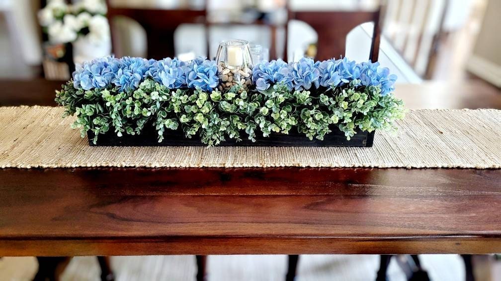 Farmhouse Table Centerpiece Handcrafted Wood Box Blue Hydrangea Arrangement Rustic Design Natural Wood Finish Country Style Dining Table Decoration Home Accent Piece Floral Display Custom Stain Options Beautiful Table Decor Kitchen Island