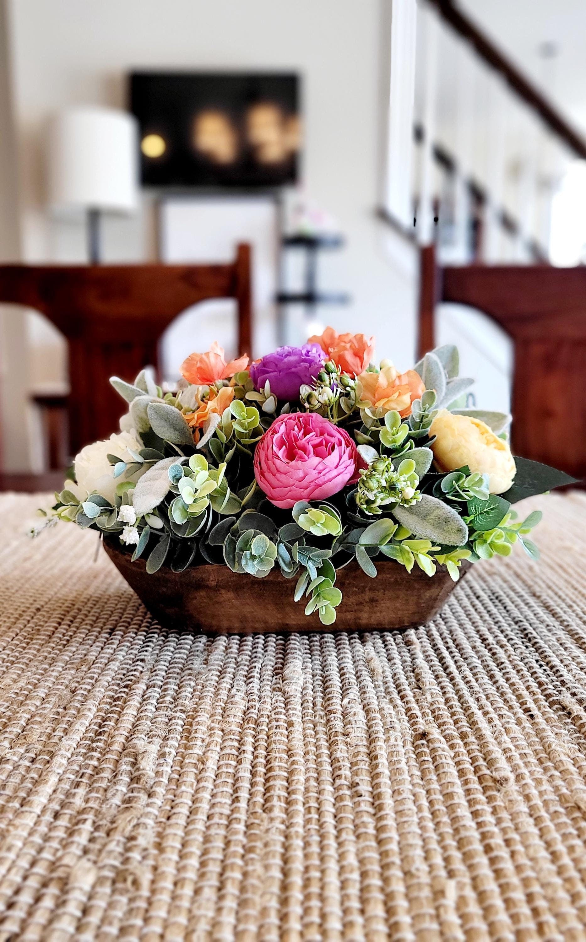 Handcarved Dough Bowl Centerpiece Wooden Bowl Arrangement Realistic Cream Peonies Farmhouse Style Decoration Rustic Table Decor Faux Flower Display Natural Wood Texture Elegant Home Accent Dining Table Centerpiece Country Style Design