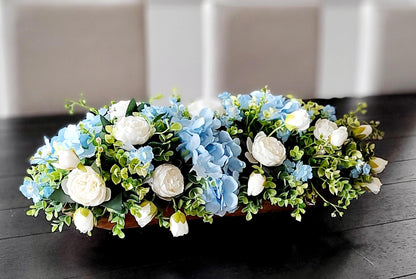 Blue Flower Centerpiece – Silk Hydrangea and Peony Arrangement in Rustic Dough Bowl