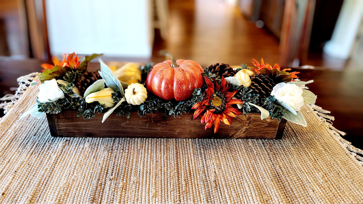 Fall Pumpkins Arrangement in 25” long wood planter box fall centerpiece in wood box fall flowers for mantle in wooden planter box