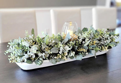 Farmhouse Dough Bowl Arrangement – Rustic Dining Table Centerpiece with Eucalyptus