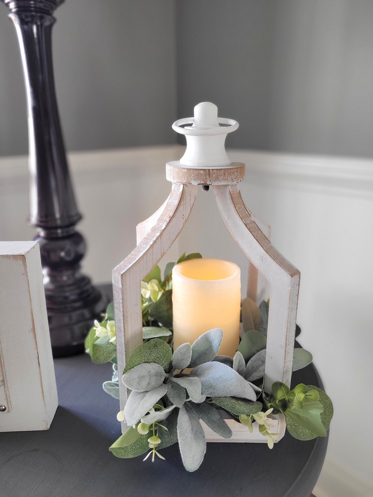 Farmhouse Lantern Rustic Lantern Farmhouse Table Decor Candle Decoration Spring Wreath Lambs Ear Arrangement Coffee table gift new Home gift