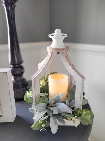 Farmhouse Lantern Rustic Lantern Farmhouse Table Decor Candle Decoration Spring Wreath Lambs Ear Arrangement Coffee table gift new Home gift