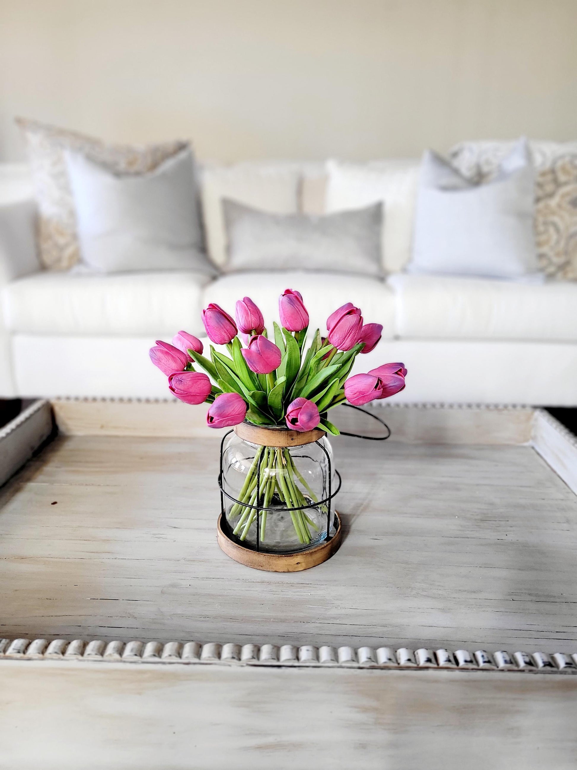 Silk Tulip Arrangement Dining Table Centerpiece Spring Decoration Easter Holiday Display Farmhouse Lantern Design Artificial Greenery Glass Vase Realistic Blooms Seasonal Colors Table Accent Celebration Decor Fresh Vibrant Arrangement
