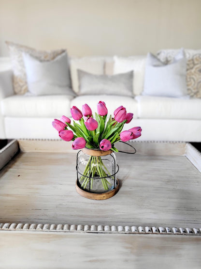 Silk Tulip Arrangement Dining Table Centerpiece Spring Decoration Easter Holiday Display Farmhouse Lantern Design Artificial Greenery Glass Vase Realistic Blooms Seasonal Colors Table Accent Celebration Decor Fresh Vibrant Arrangement