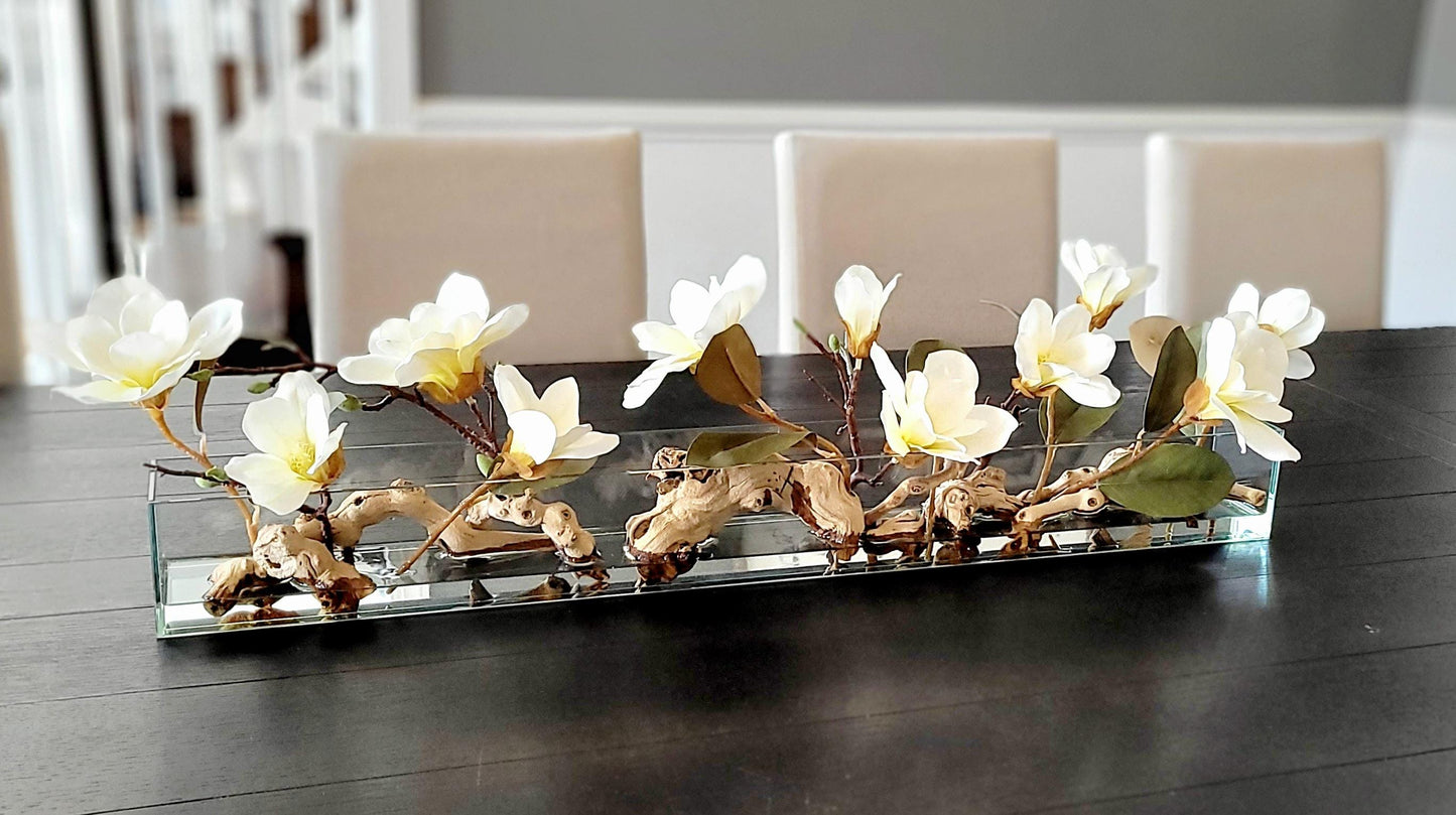 Glass Vase Centerpiece Elegant Silk Magnolia Arrangement Dining Table Decor Mantle Decoration Realistic Faux Flowers Artificial Floral Display Home Accent Piece Year Round Decor Classic Design Traditional Style Modern Home Interior Luxury