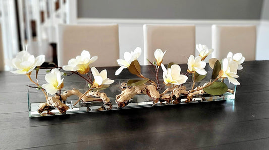 Glass Vase Centerpiece Elegant Silk Magnolia Arrangement Dining Table Decor Mantle Decoration Realistic Faux Flowers Artificial Floral Display Home Accent Piece Year Round Decor Classic Design Traditional Style Modern Home Interior Luxury