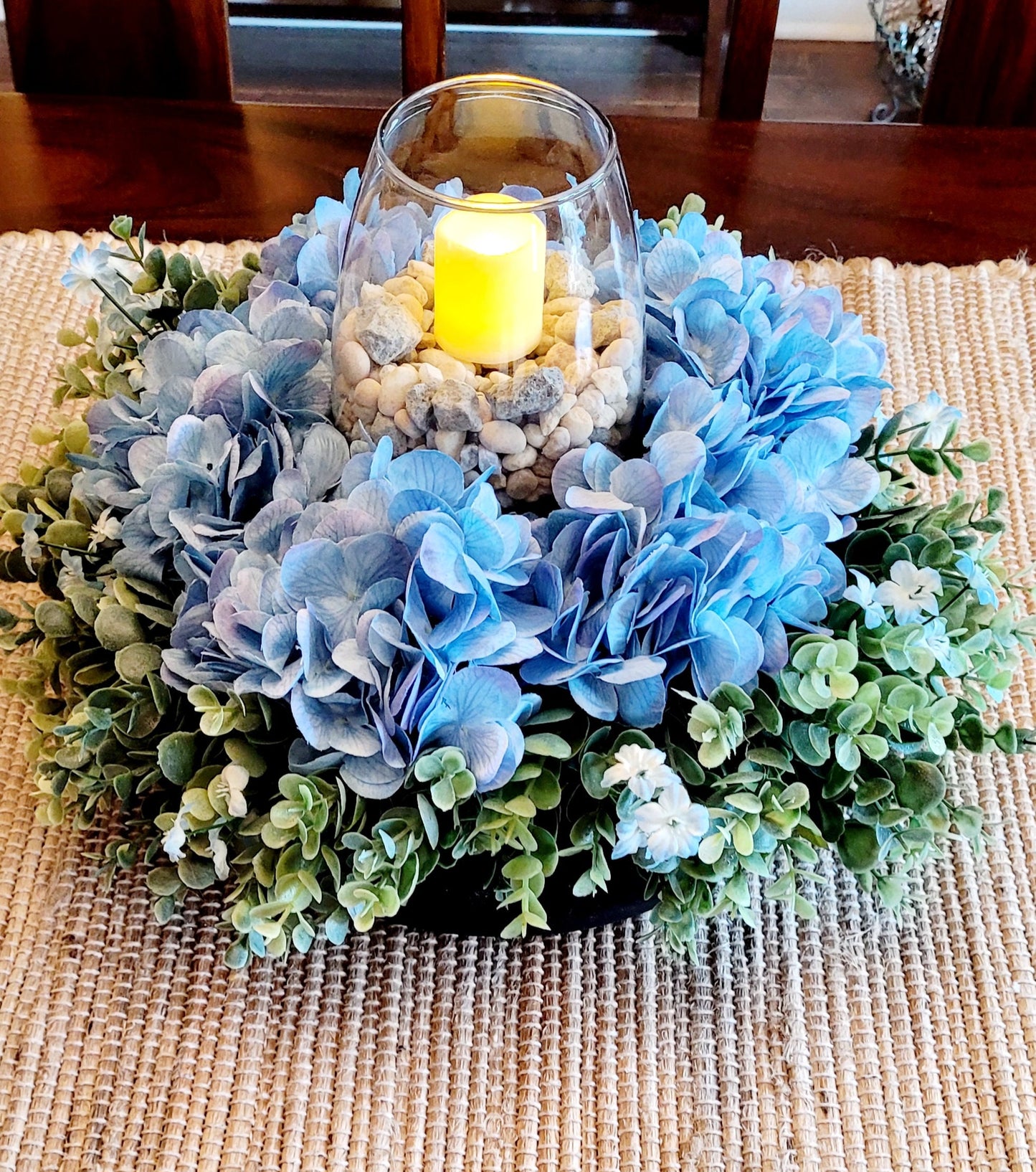 Farmhouse Table Centerpiece – Handmade Blue Hydrangea in Custom Wooden Bowl