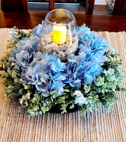 Farmhouse Table Centerpiece – Handmade Blue Hydrangea in Custom Wooden Bowl